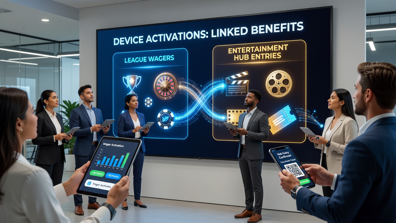 Infographic illustrating benefit flows from sports wagers to casino hub entries via device activations