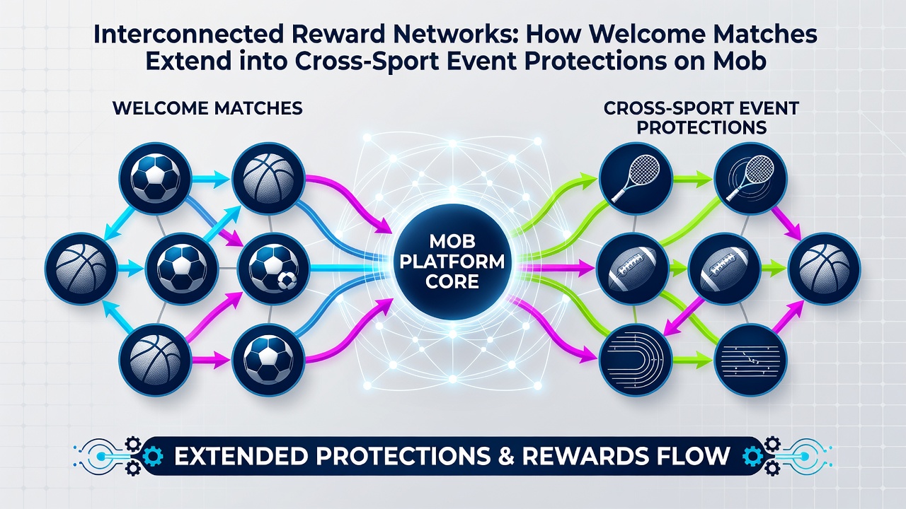 Diagram showing reward flow from welcome matches to protections across basketball and soccer events on mobile devices