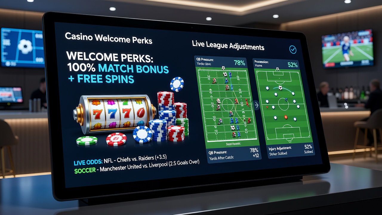 User dashboard on a smartphone showing linked casino rewards and live soccer league adjustments