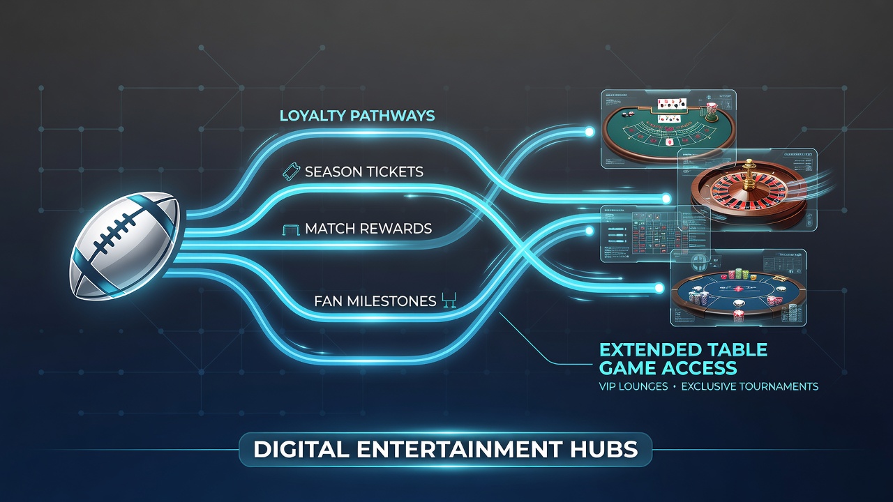 Digital entertainment hub interface showing football betting loyalty points transitioning to table game rewards