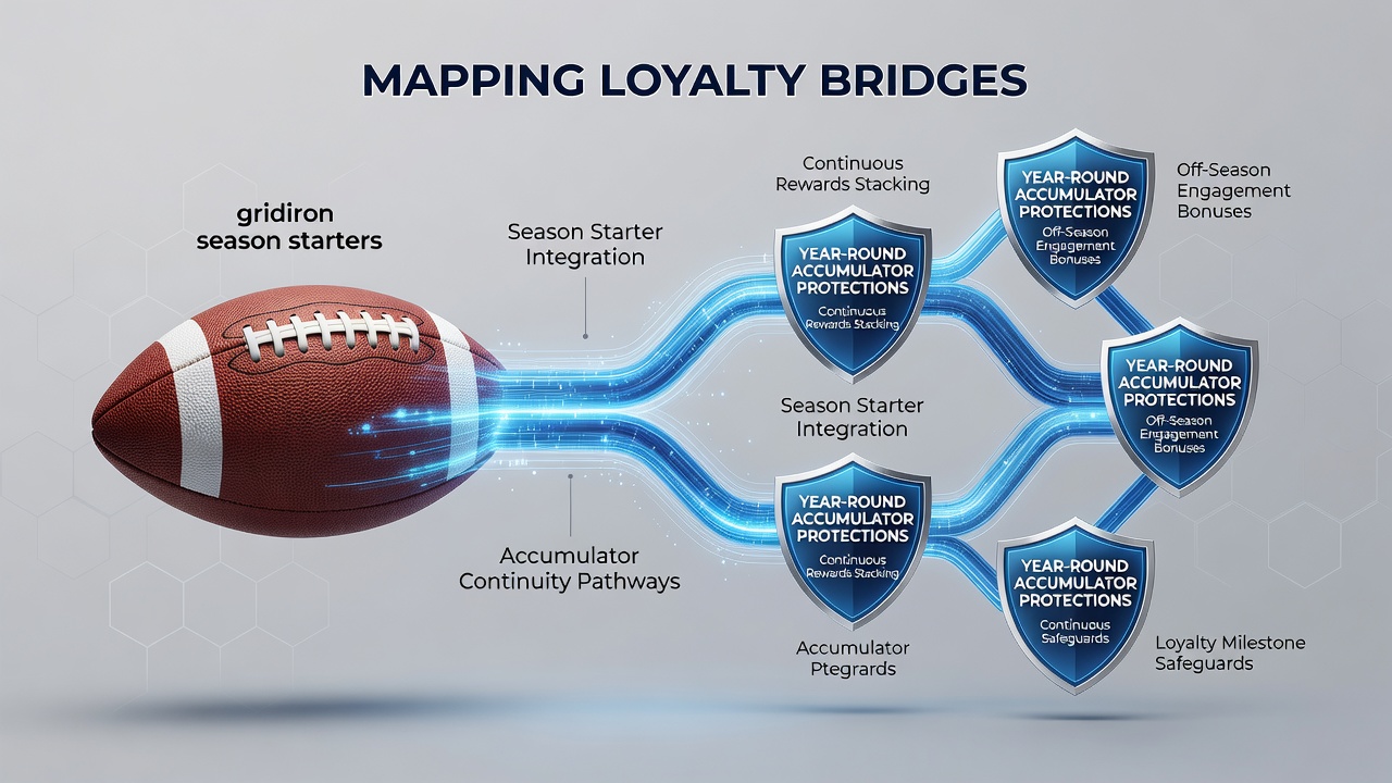 Diagram illustrating loyalty point flow from NFL promotions to soccer parlay protections on handheld devices