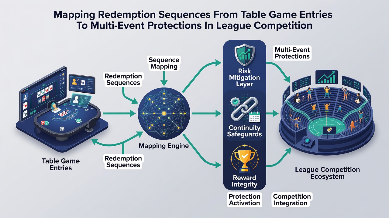 Flowchart diagram of redemption sequences connecting table entries to multi-event protections