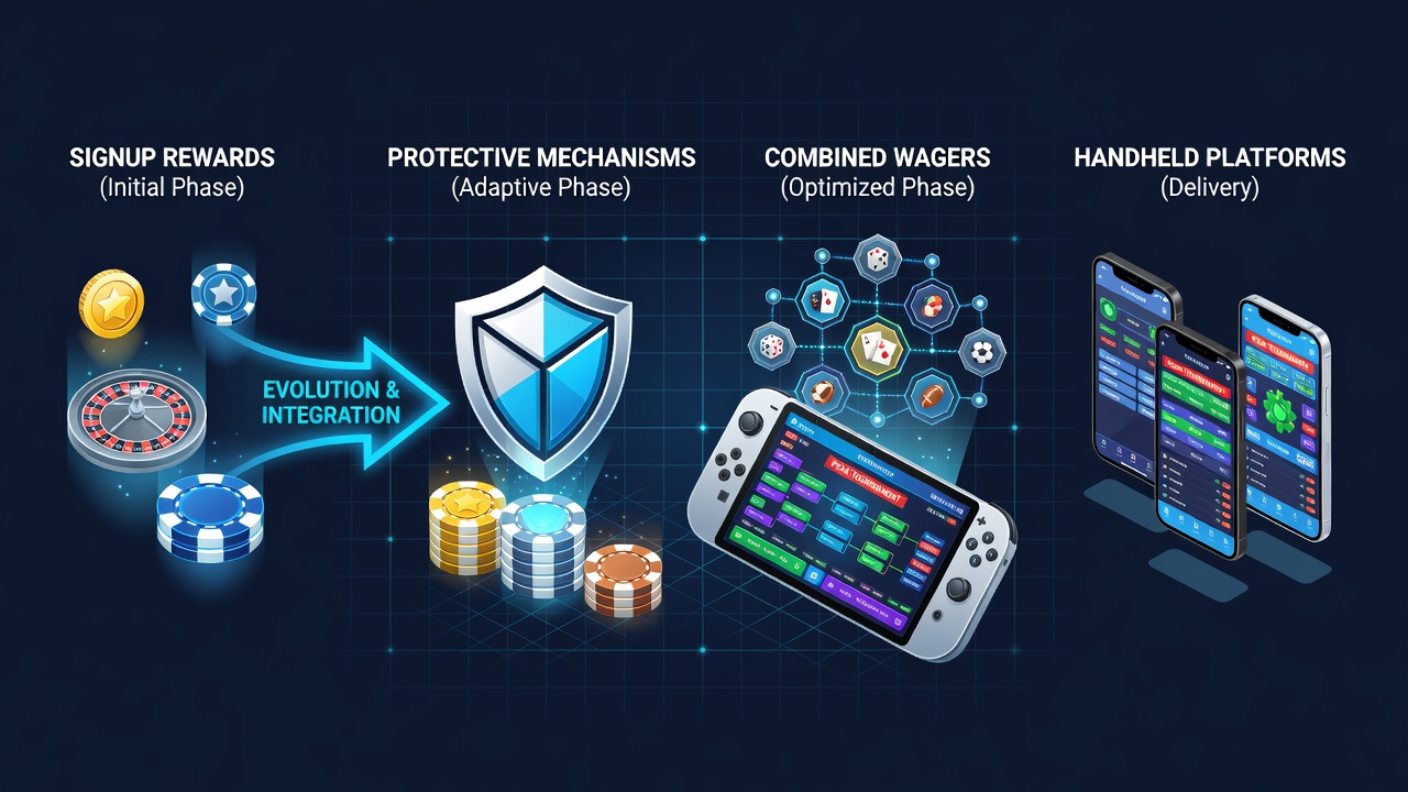 Illustration showing the transition from basic signup bonuses to advanced parlay protection features on mobile betting platforms during major tournaments