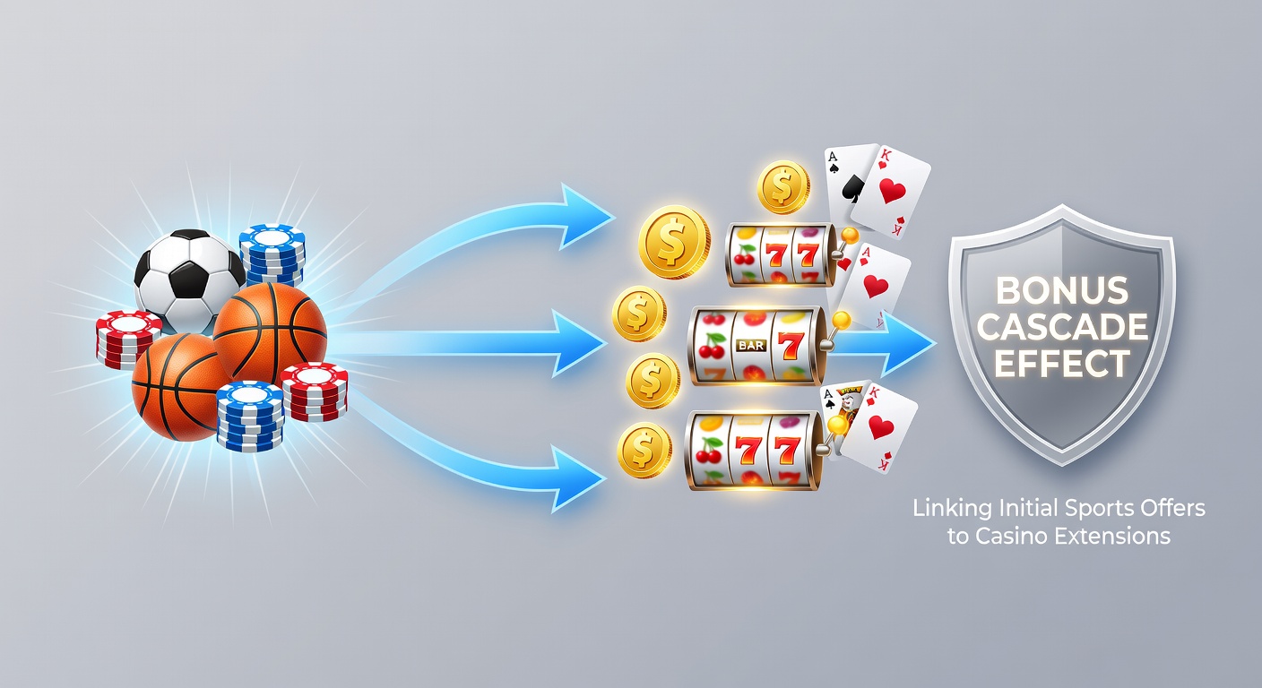 Graphic illustrating a cascade of bonuses flowing from sports betting offers into casino games, with arrows connecting sportsbook icons to slot machines and table games
