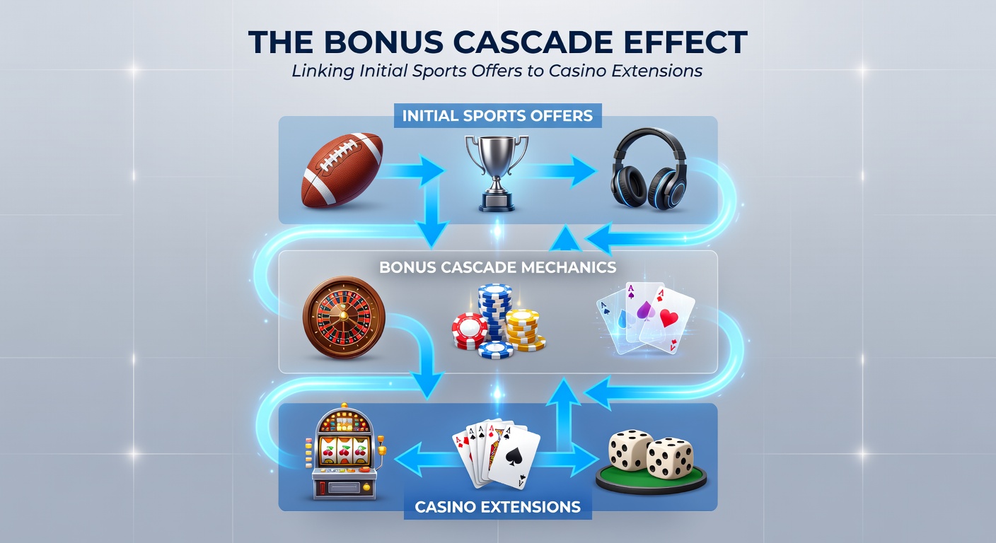 Infographic showing user flow from sports betting signup to casino engagement, with stats on retention and revenue per user highlighted in a cascading flowchart