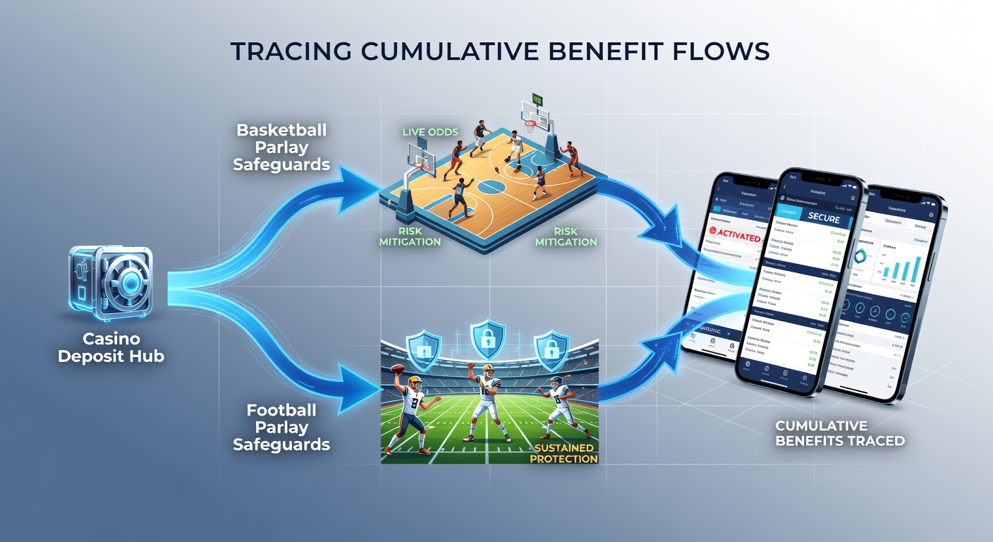Mobile app interface showing casino deposit flow into sports betting sections with parlay options for basketball and football